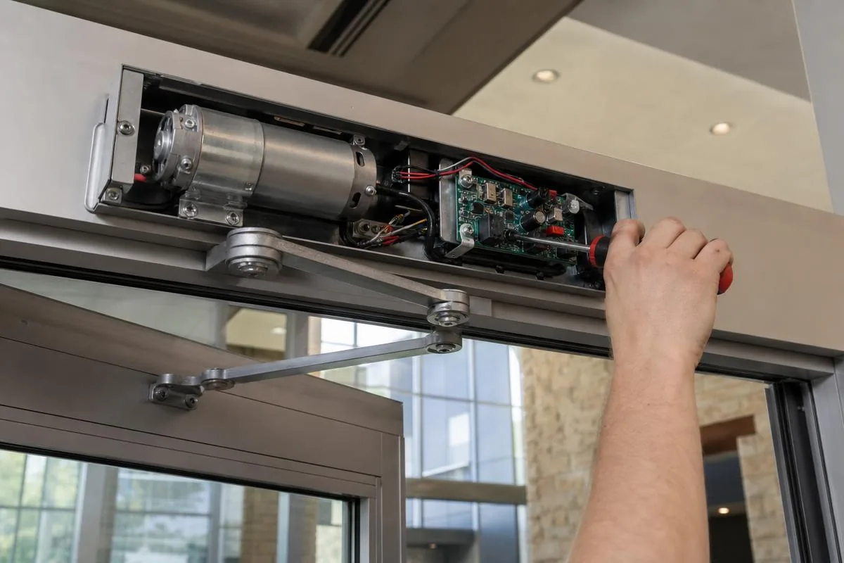 Automatic swing door operator opened for repair showing motor and control board above a commercial door in Ventura County, CA