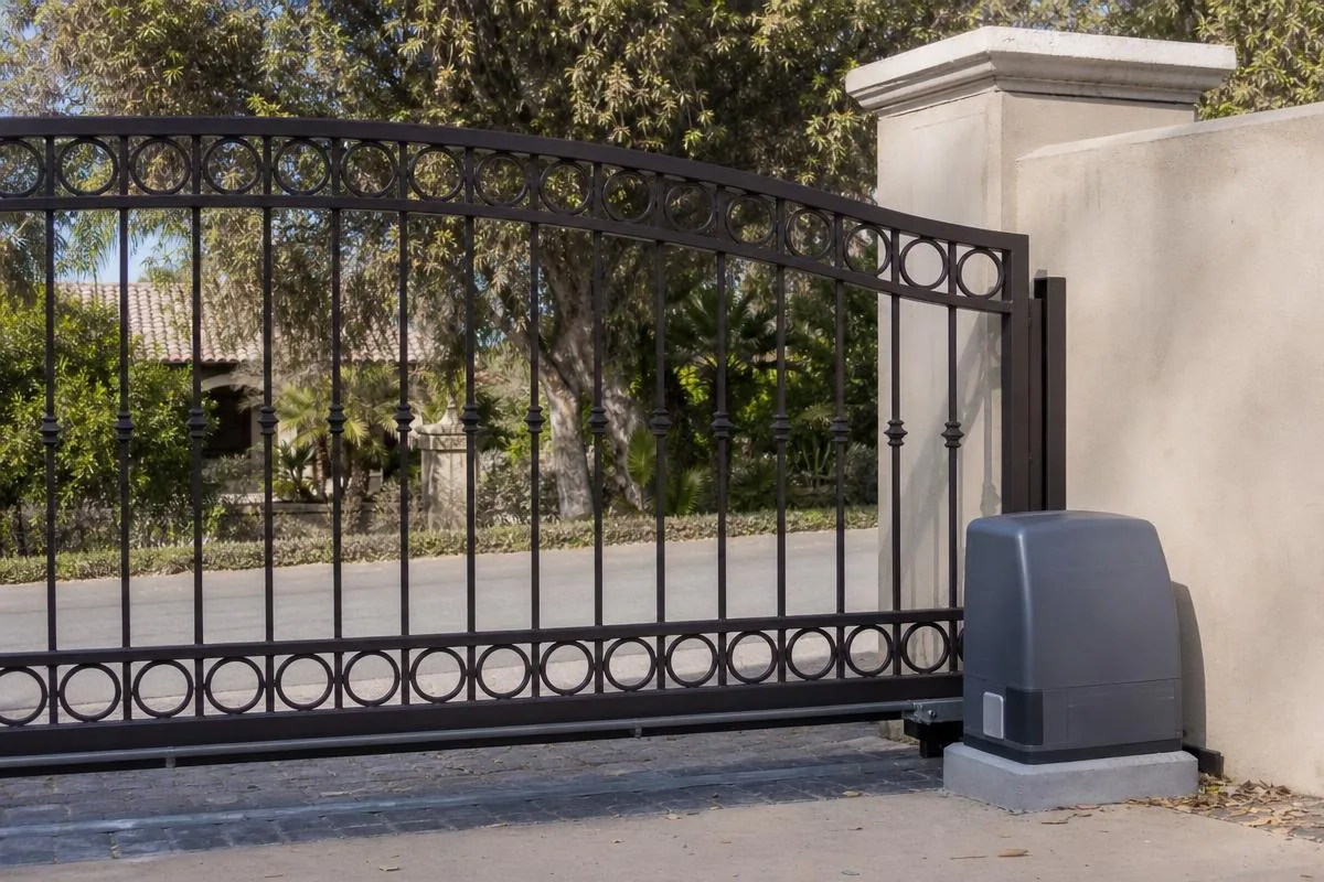 Automatic wrought iron sliding driveway gate with slide gate operator at a Ventura County, CA home