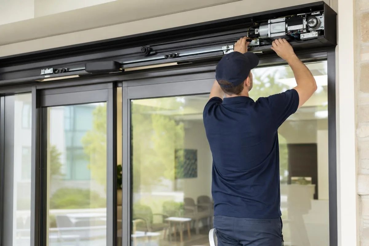 Technician servicing the header operator on automatic sliding glass entry doors at a Ventura County business