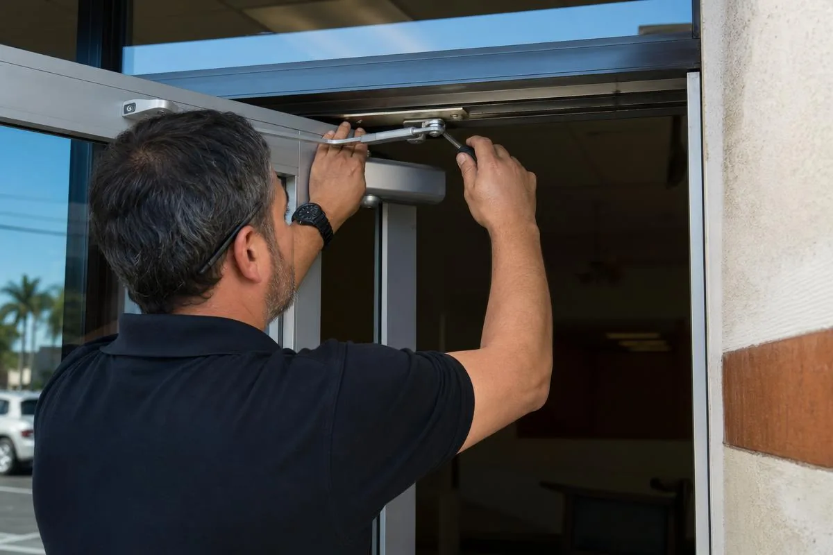 Technician adjusting the door closer on a commercial aluminum storefront entry door in Ventura County, CA