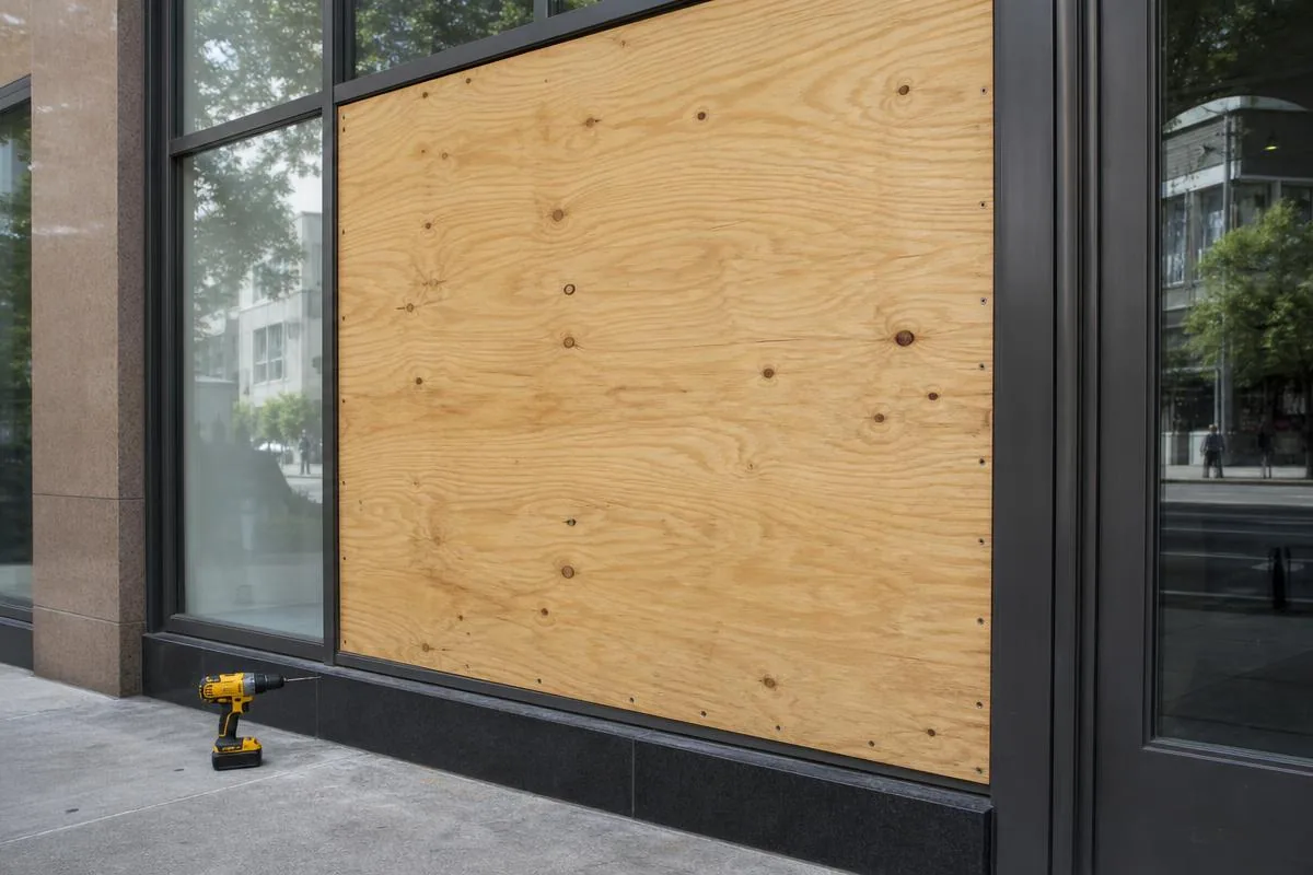Emergency plywood board-up secured over a broken storefront window in Ventura County, CA