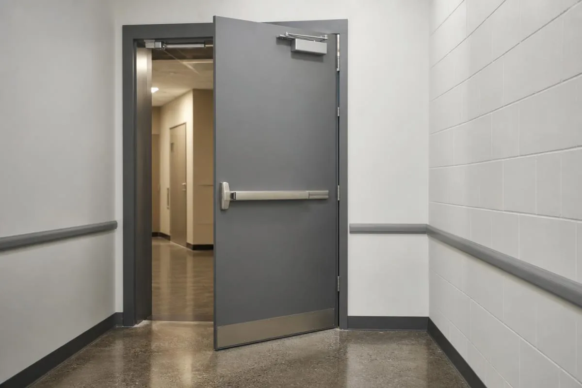 Fire-rated hollow metal door with panic exit bar and closer in a commercial corridor in Ventura County, CA