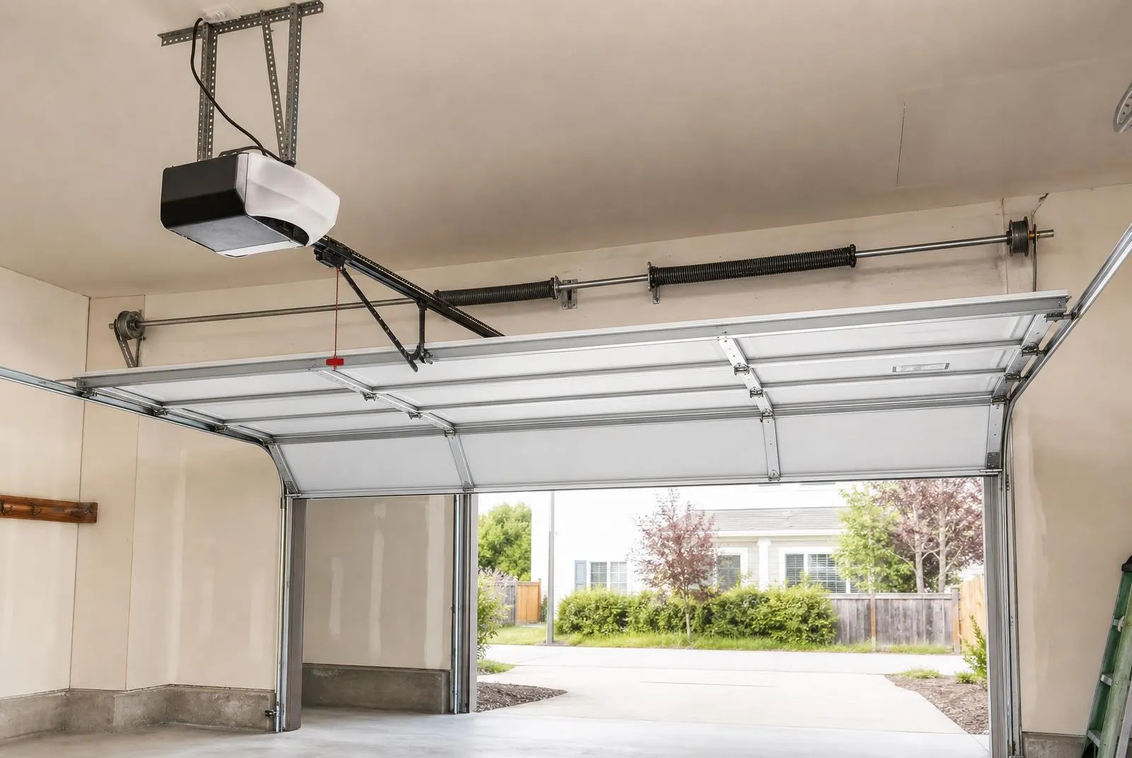 Garage door opener, torsion spring and track hardware inside a residential garage in Oxnard, CA