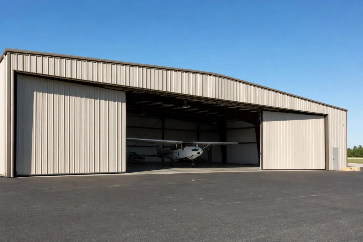 Large aircraft hangar door open at a regional airport with a small plane inside, Ventura County, CA