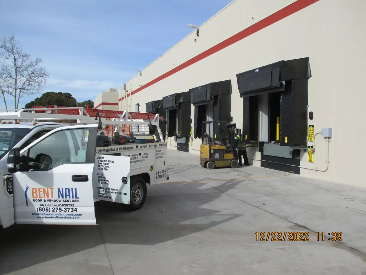 Loading dock shelter installed on a warehouse bay in Ventura County
