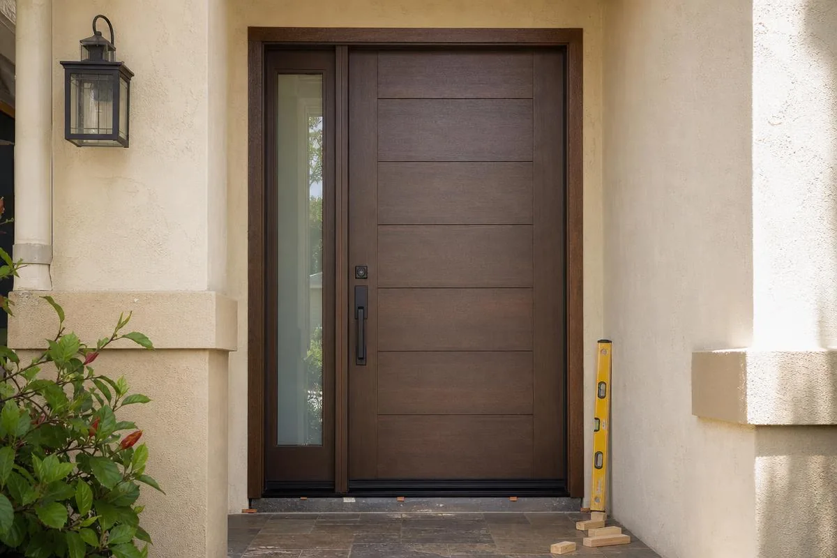 Newly installed wood residential entry door with sidelight on a stucco home in Ventura County, CA