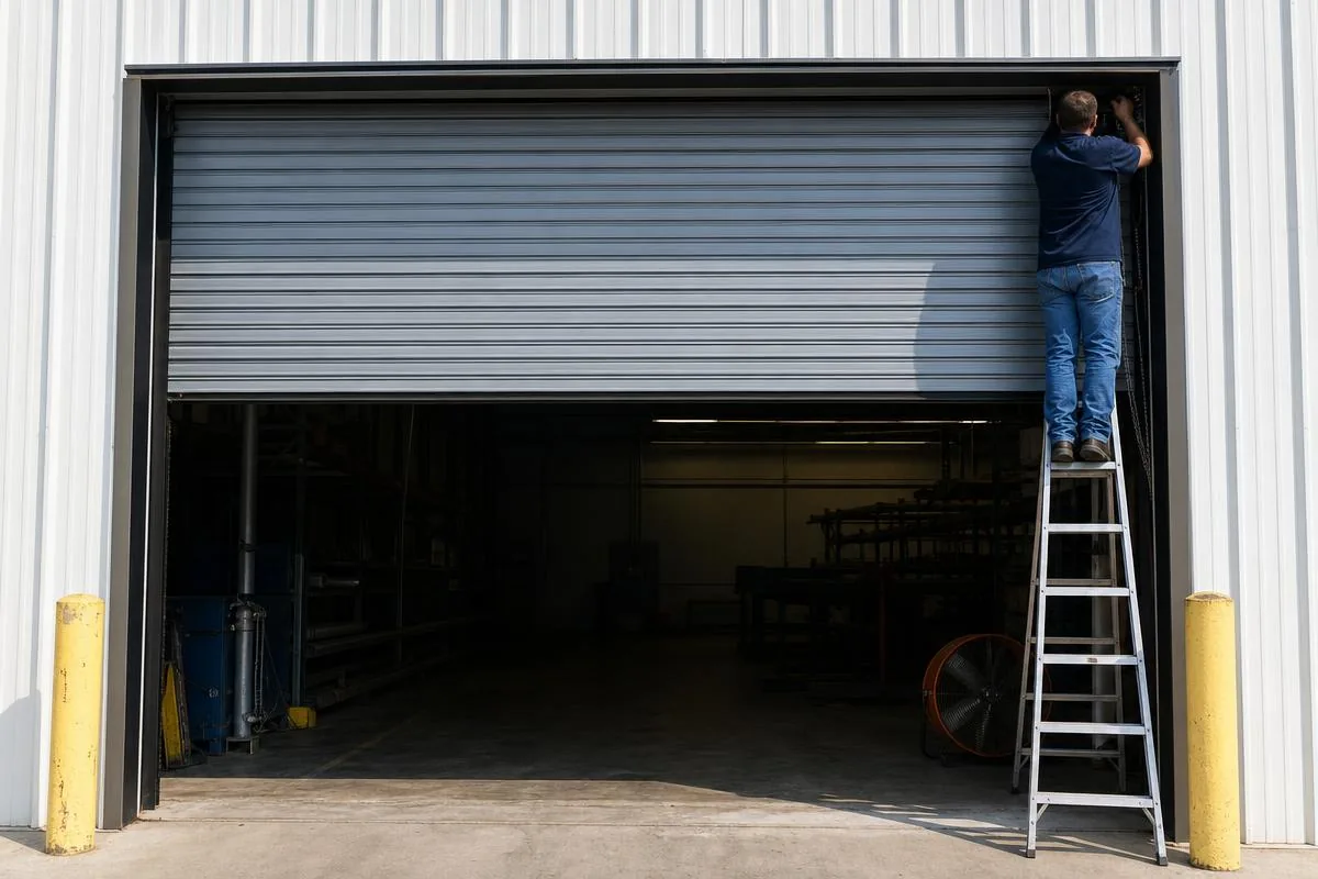 Technician on a ladder servicing a rolling steel roll-up door on a commercial warehouse bay in Ventura County, CA