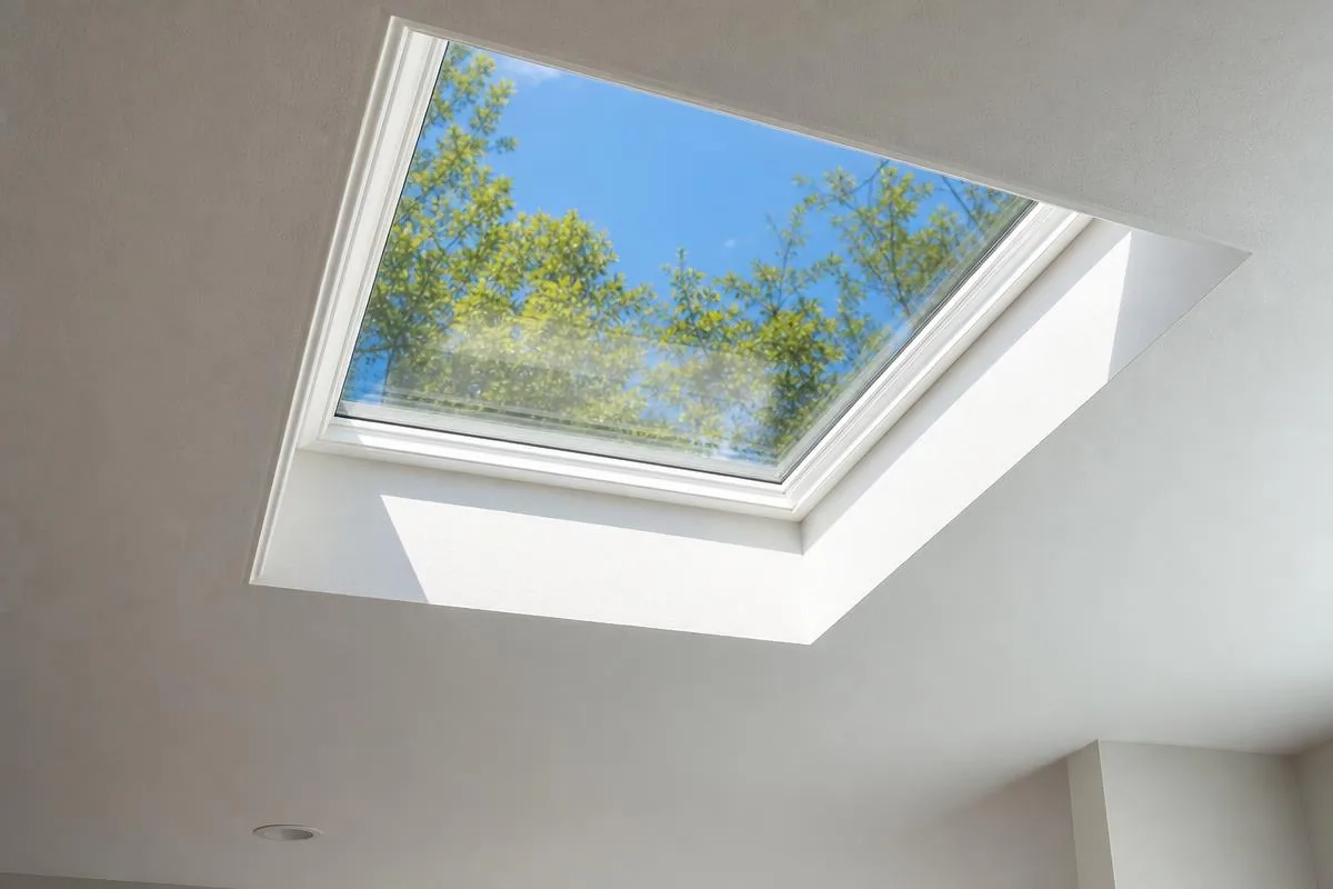Installed residential skylight seen from inside a bright room letting daylight into a Ventura County, CA home