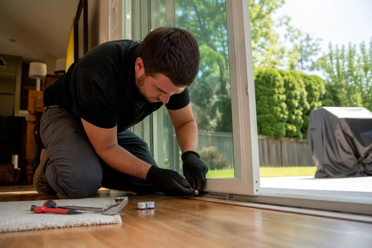 Technician replacing rollers in the bottom track of a residential sliding glass patio door in Ventura County, CA