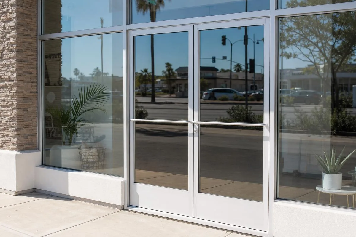 Commercial aluminum storefront glass double doors with push-bar hardware installed at a retail shop in Ventura County, CA