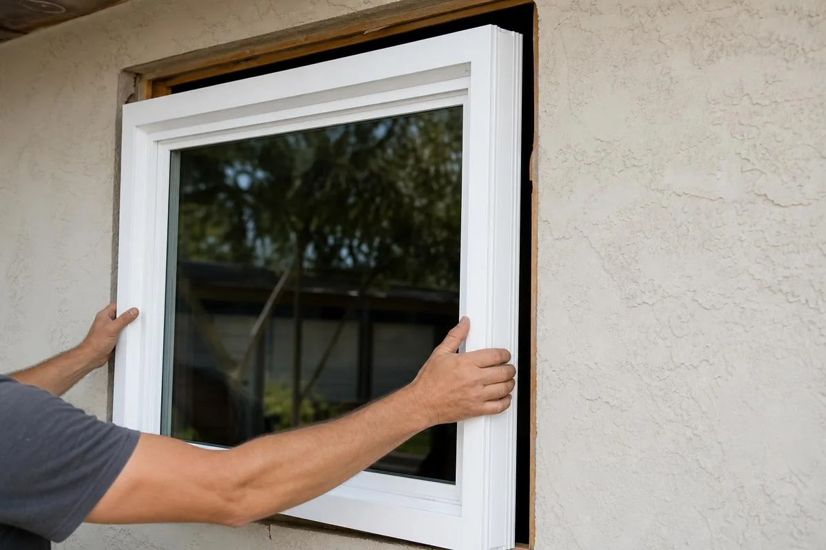 Installer setting a new white vinyl replacement window into a home's wall opening in Ventura County, CA